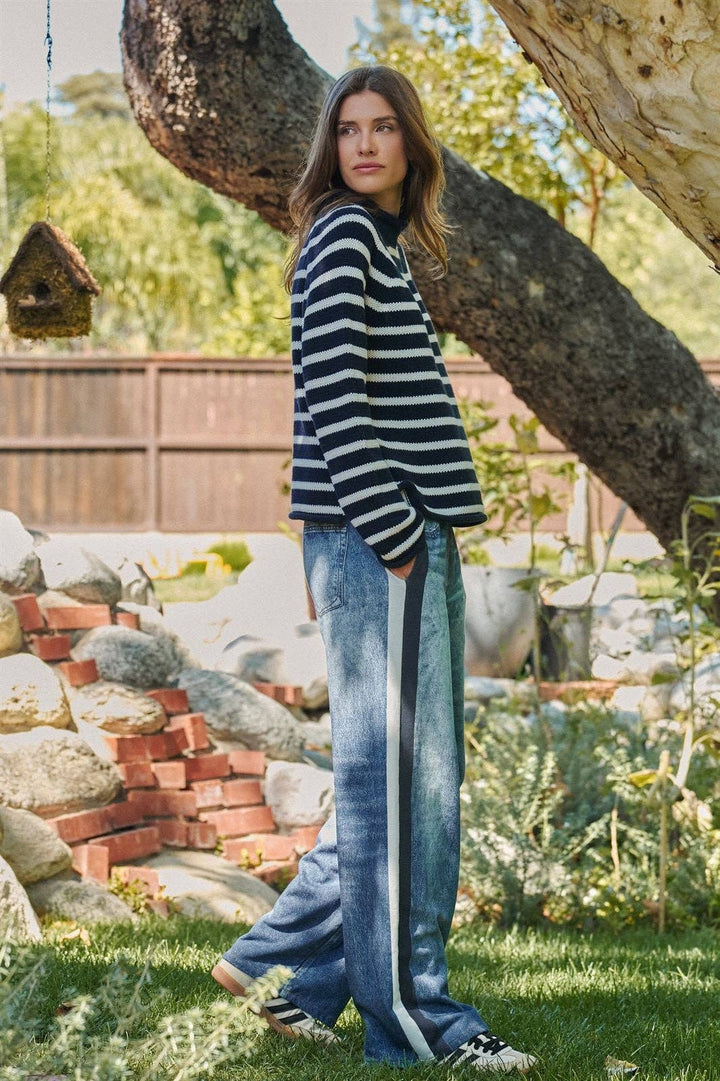 Striped Mock Neck Cotton Knit Sweater