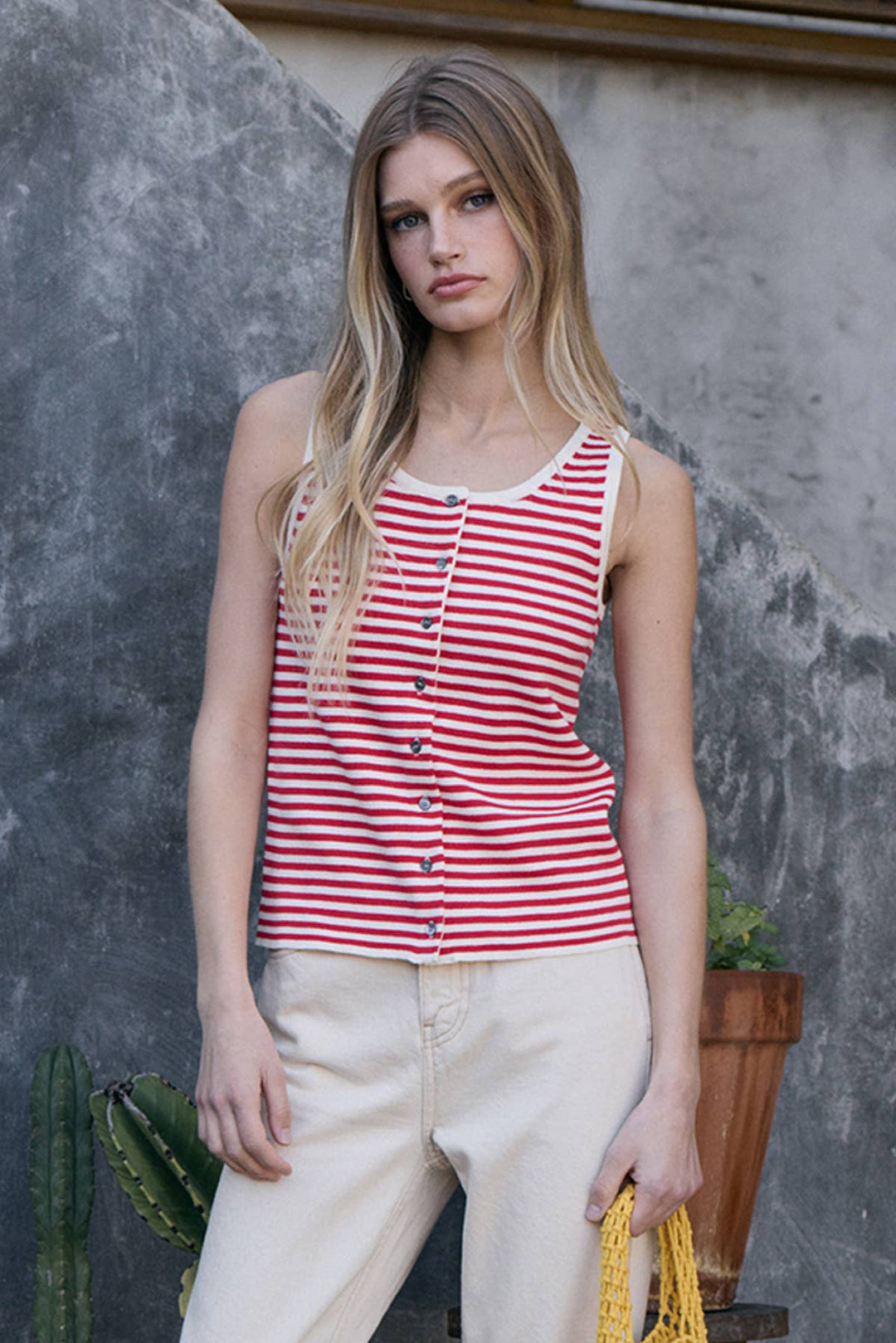 Striped Knit Button Tank Top - RN36