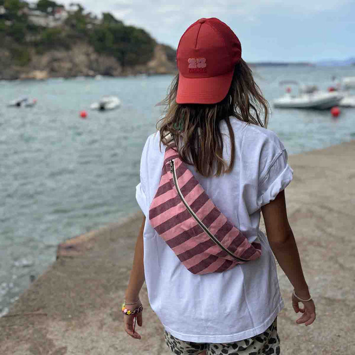 WOMEN BUM BAG STRIPES BURGUNDY /FLAMINGO PINK