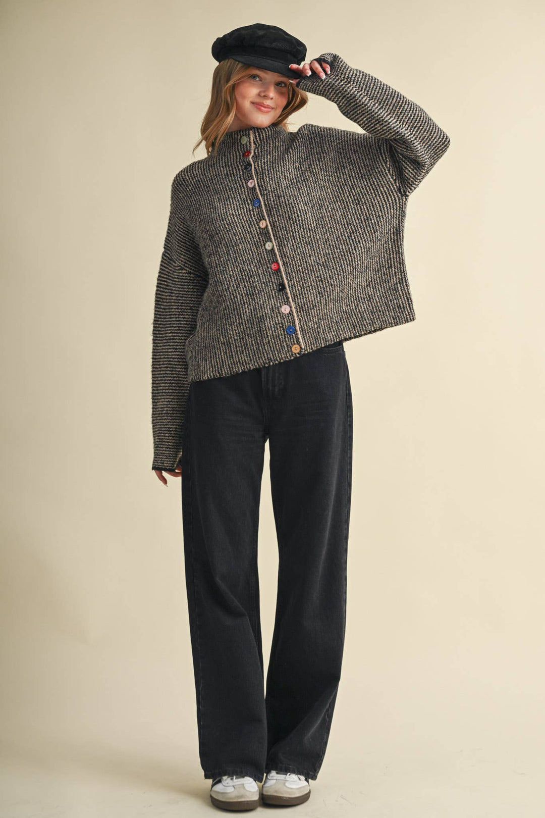 STRIPED SWEATER CARDIGAN WITH COLORFUL BUTTONS MS112
