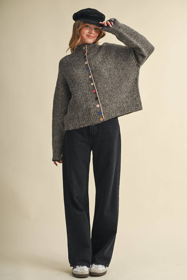 STRIPED SWEATER CARDIGAN WITH COLORFUL BUTTONS MS112