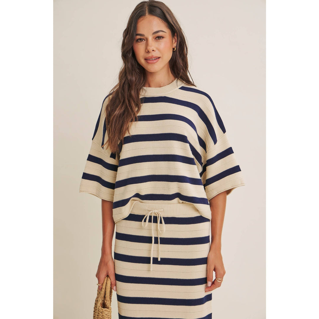 WEEKEND IN CANNES SOFT DRAPE COTTON STRIPE RELAXED SWEATER FB289