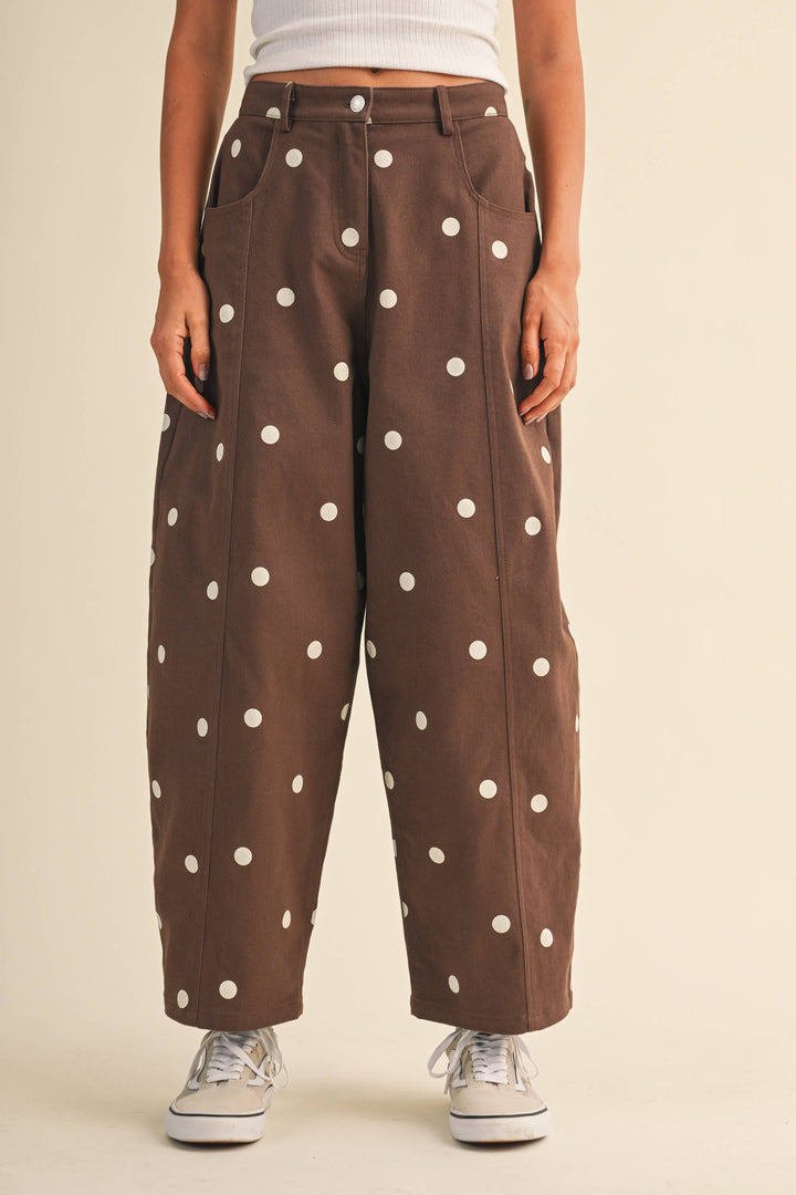 IP1390 POLKADOT STRETCH TWILL MID WAIST BARREL PANTS