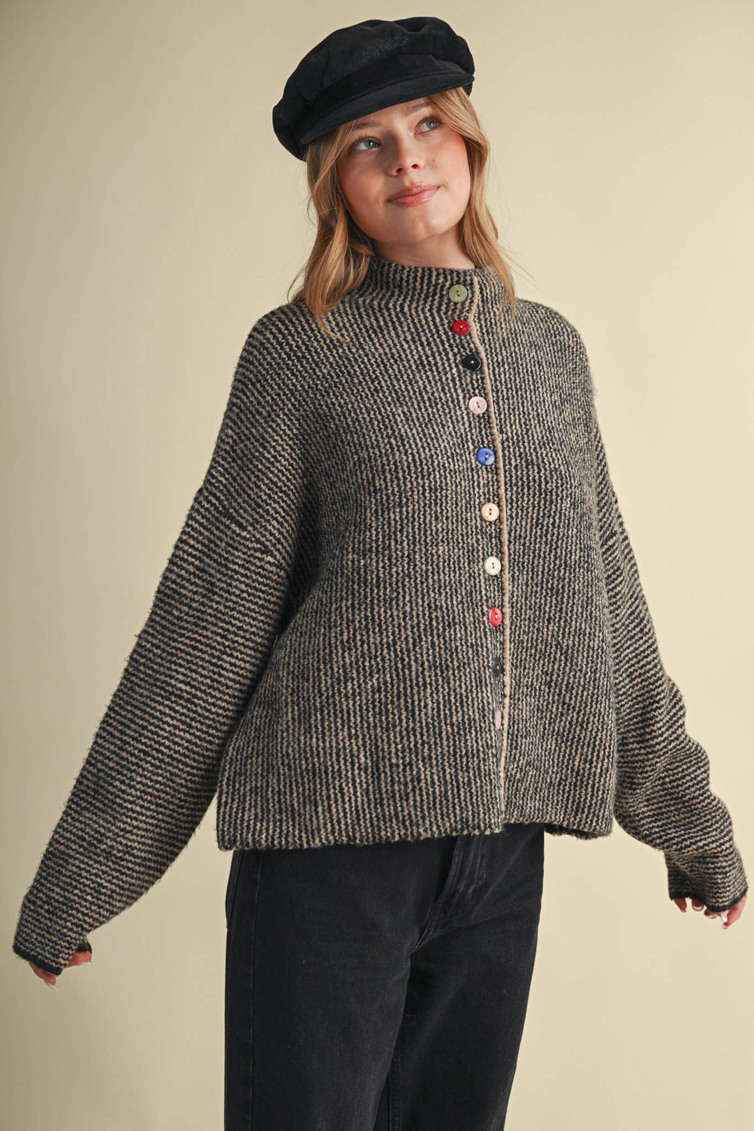 STRIPED SWEATER CARDIGAN WITH COLORFUL BUTTONS MS112