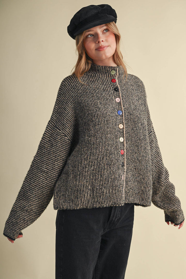 STRIPED SWEATER CARDIGAN WITH COLORFUL BUTTONS MS112