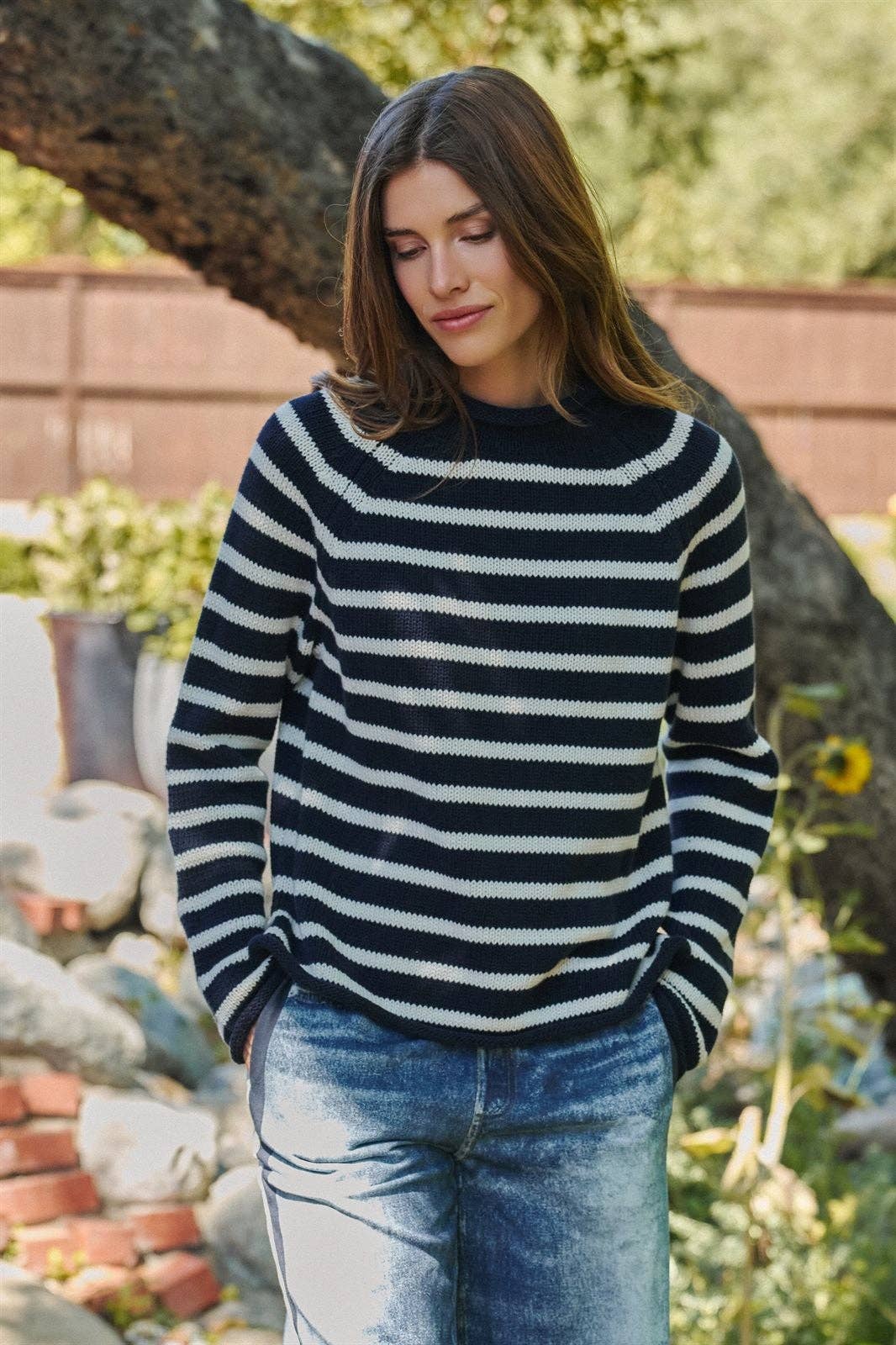 Striped Mock Neck Cotton Knit Sweater