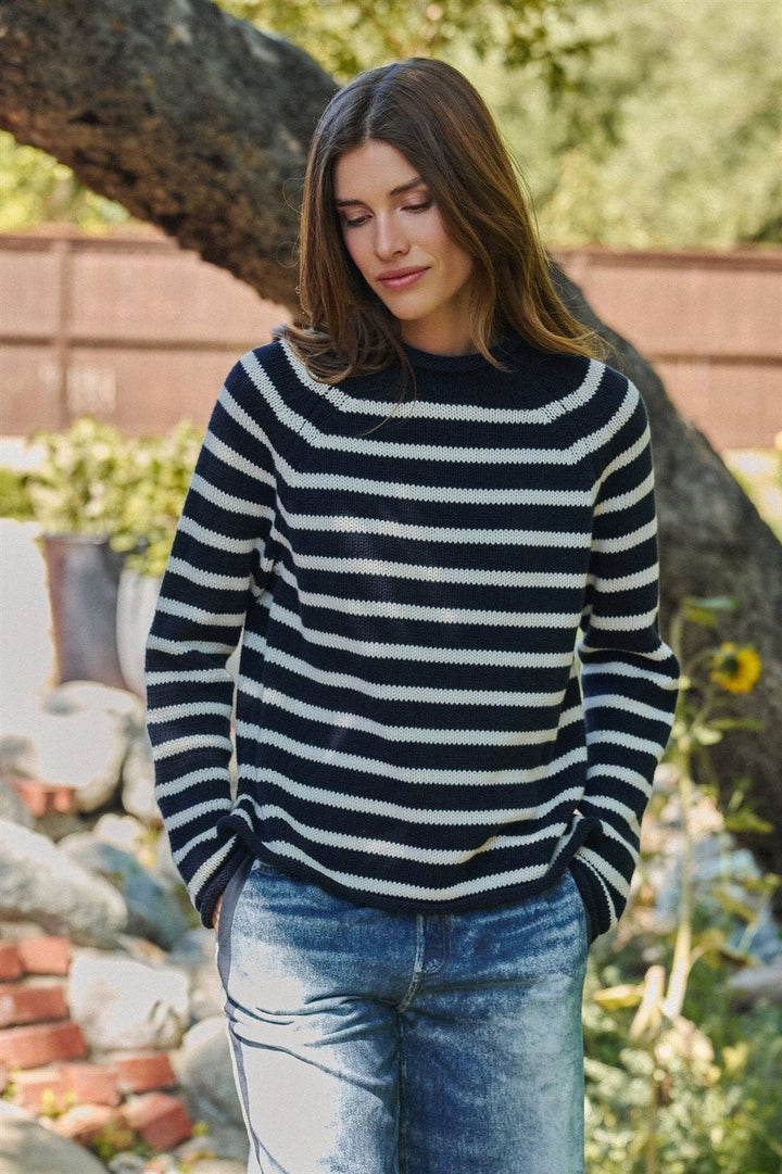Striped Mock Neck Cotton Knit Sweater