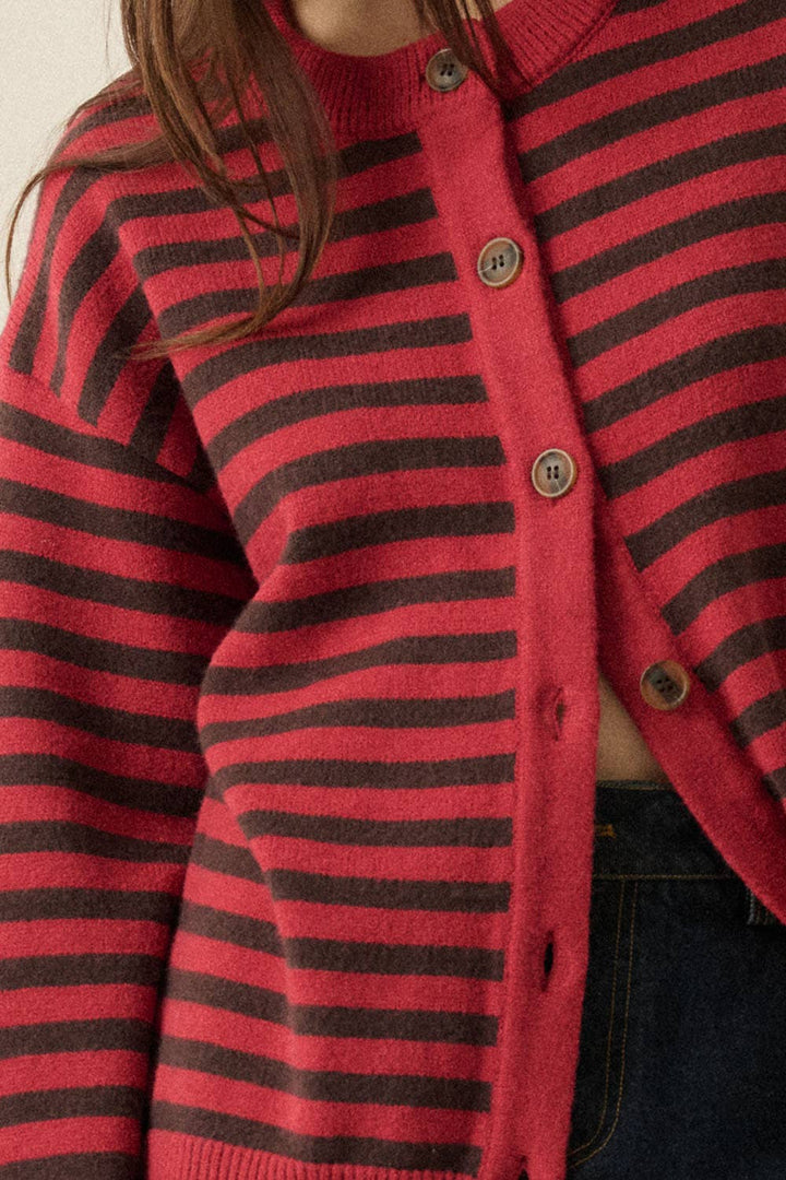 Striped Knit Crewneck Button-Front Relaxed-Fit Cardigan