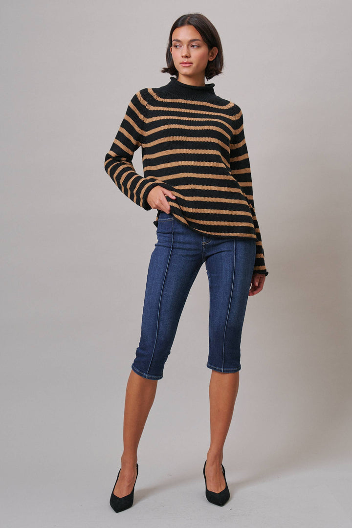 Striped Mock Neck Cotton Knit Sweater
