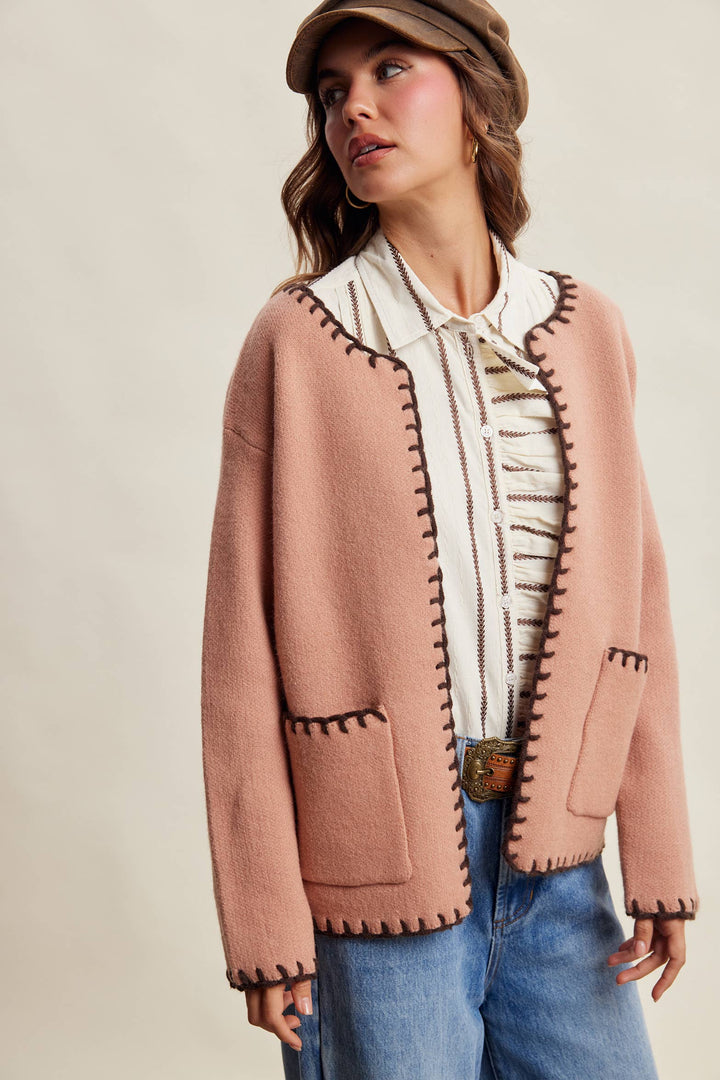 Contrast Whipstitch Knit Cardigan LSW1066