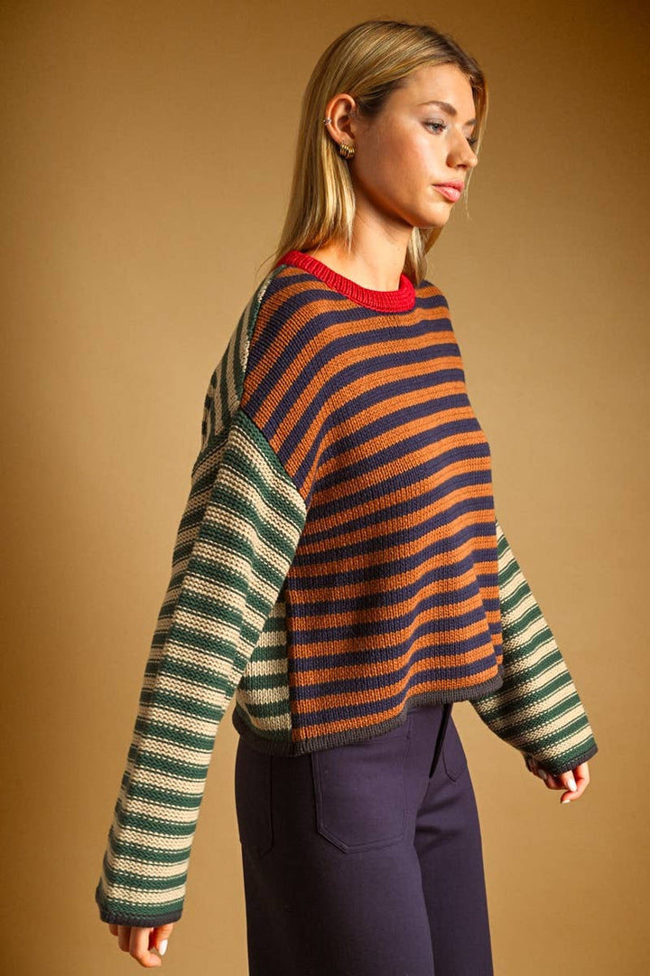 T7184   STRIPE WITH MULTI COLOR KNIT TOP