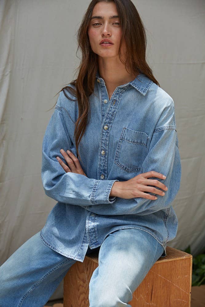 L9120 | Woven Cotton Chambray Denim Button-Down Shirt