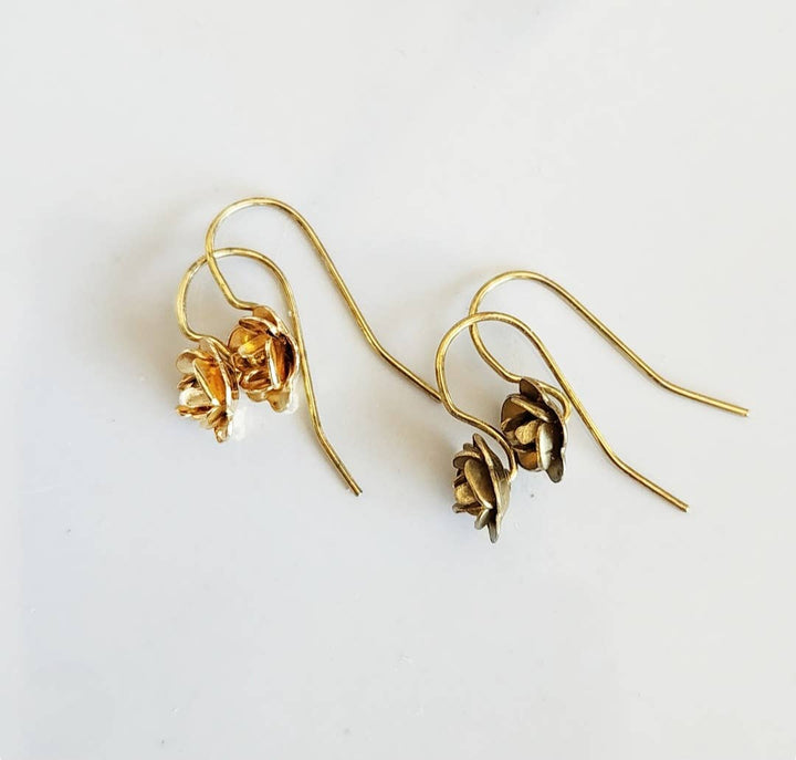 Antiqued and Golden Brass Rosette Flower Dangle Earrings