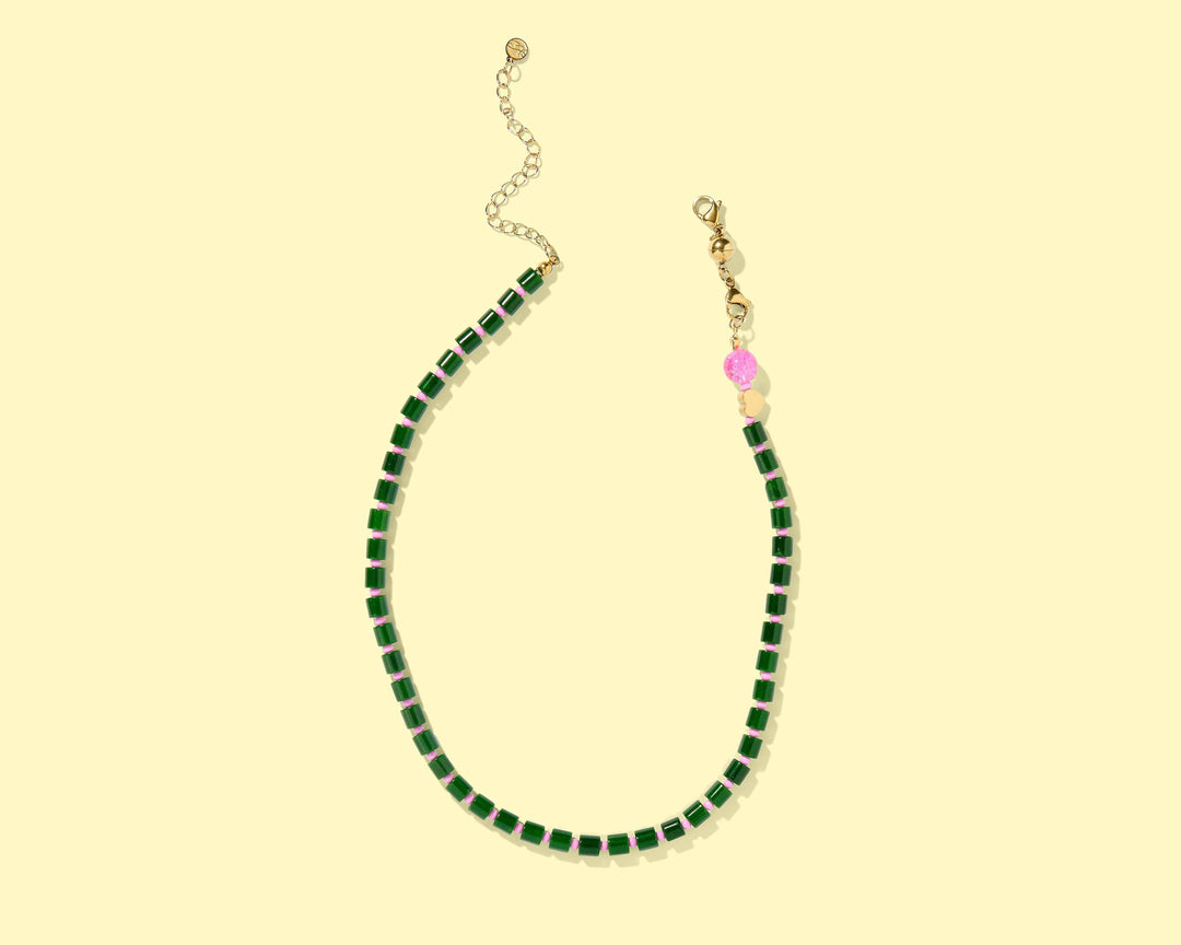 Beaded Necklace - Green + Pink Beads - Maddie