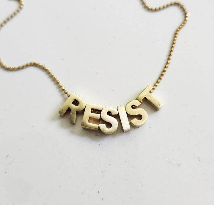 RESIST Girl Power Mantra Brass Block Letter Beaded Necklace