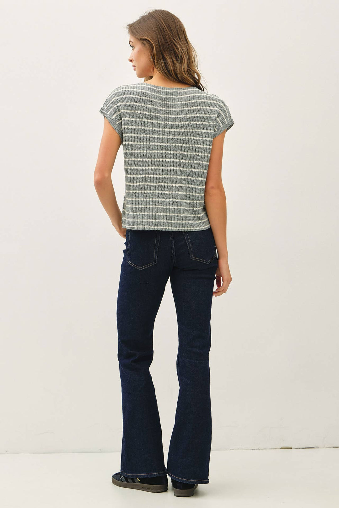 STRIPED CAP SLEEVE SWEATER W FRONT PATCH POCKET BC564