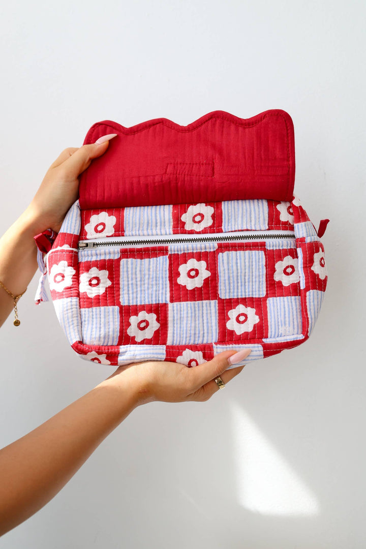 Scalloped Block Print Toiletry Bag Cotton Makeup Travel Case