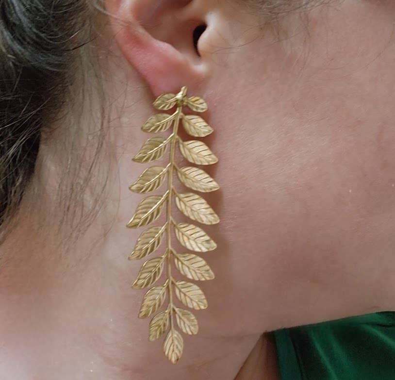 Brass Fern Frond &amp; Boston Fern Post Bold Statement Earrings