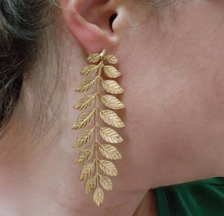 Brass Fern Frond &amp; Boston Fern Post Bold Statement Earrings