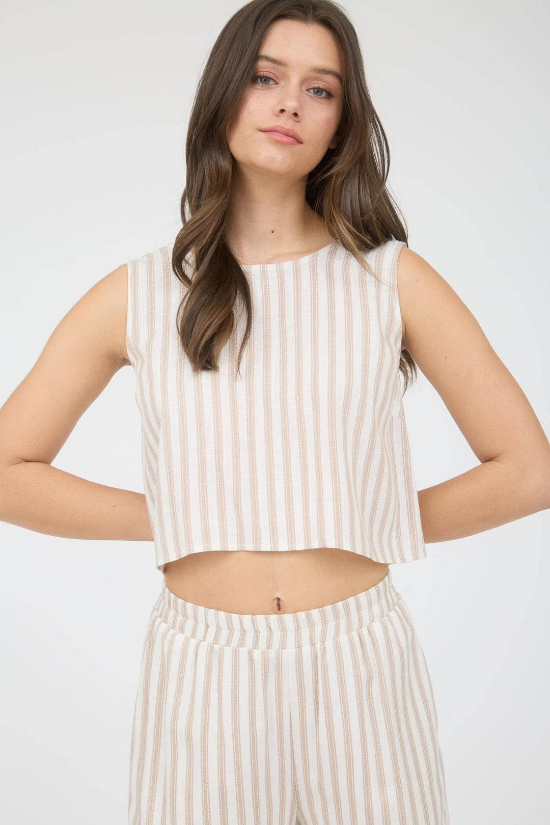 STRIPE LINEN BACK TIE DETAIL SLEEVELESS TOP WS456