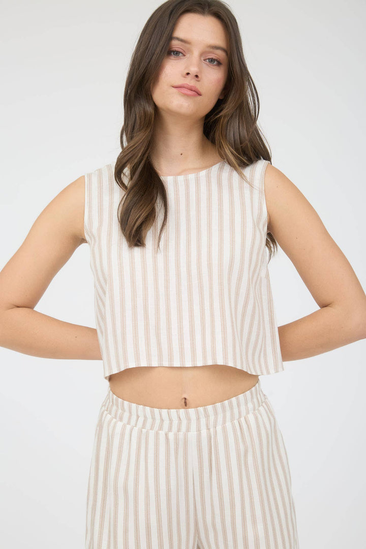 STRIPE LINEN BACK TIE DETAIL SLEEVELESS TOP WS456