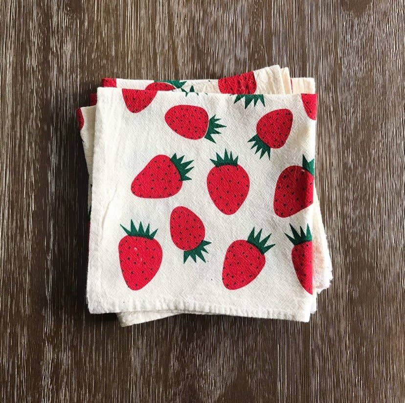 Hand Printed Natural Cotton Cloth Napkins, Red Strawberries BB22
