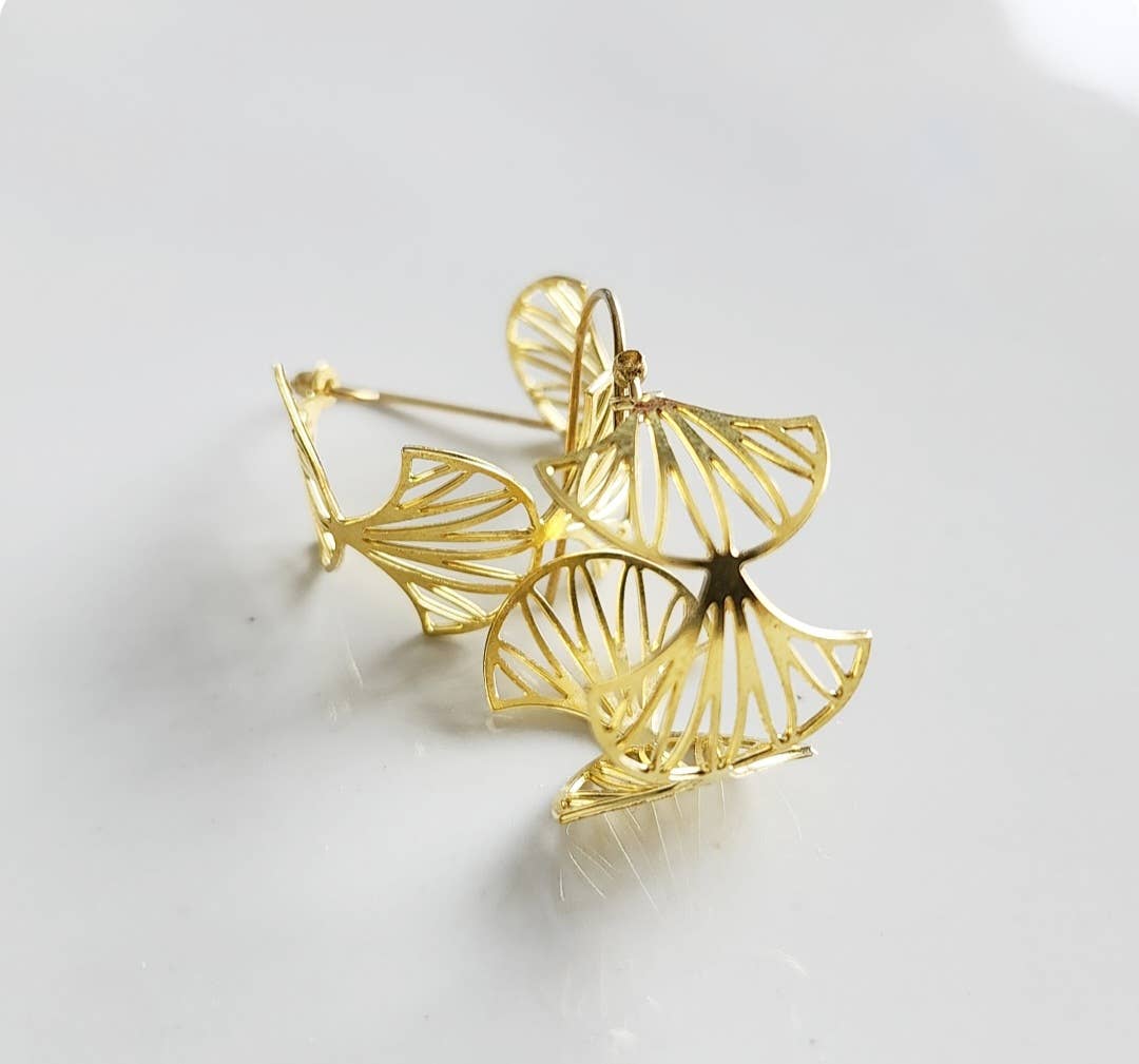 Brass Fern, Olive &amp; Myrtle Leaf, Wheat Hoop Dangle Earrings