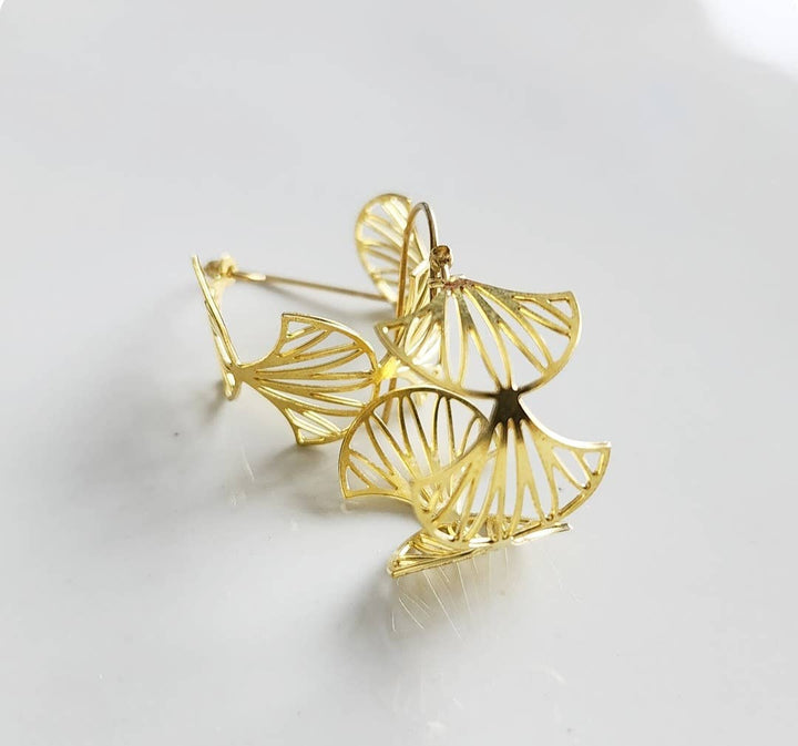 Brass Fern, Olive &amp; Myrtle Leaf, Wheat Hoop Dangle Earrings