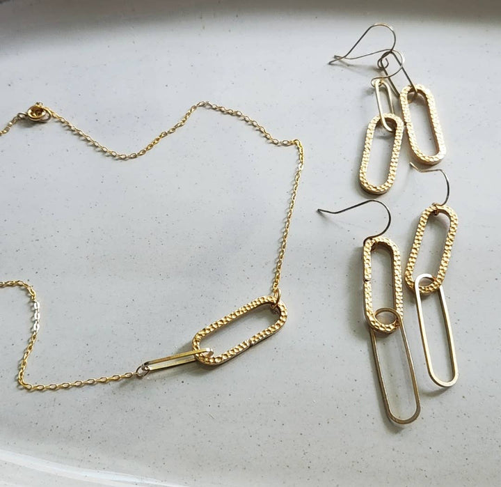 Textured Brass Paperclip Link Statement Dangle Earrings
