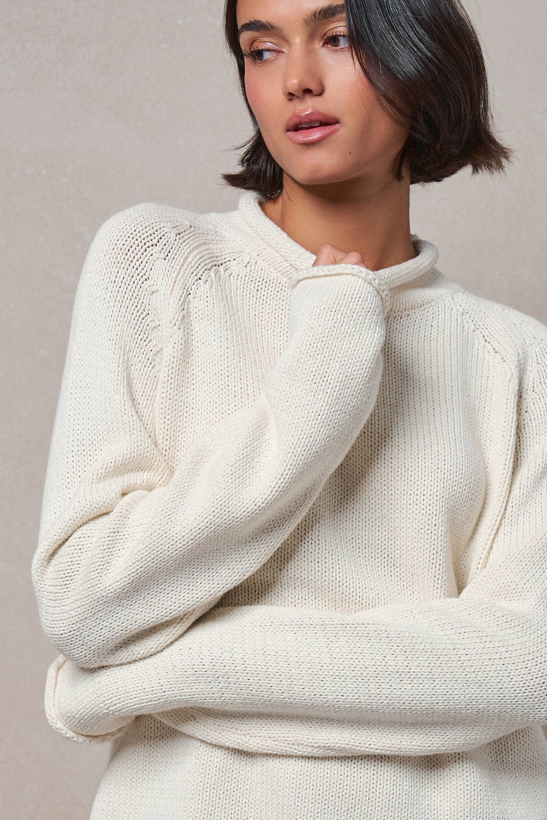Striped Mock Neck Cotton Knit Sweater