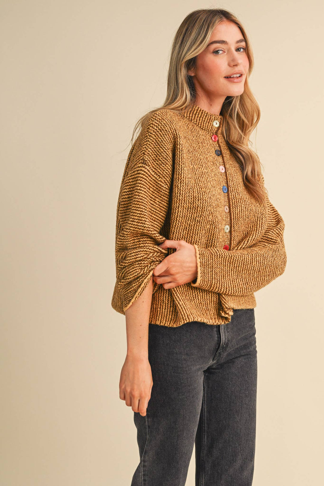 STRIPED SWEATER CARDIGAN WITH COLORFUL BUTTONS MS112