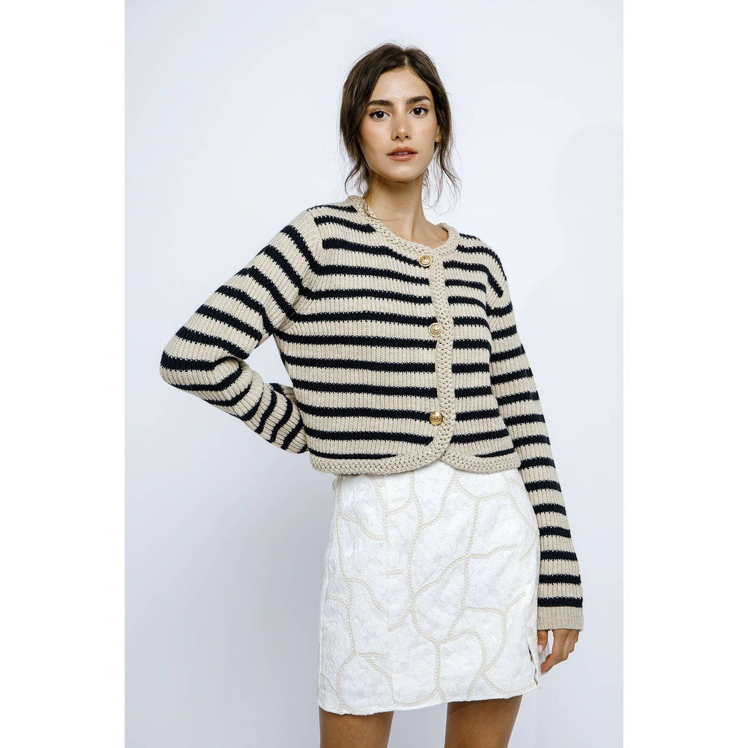 JT944- NAUTICAL STRIPED RIBBED THICK KNIT CARDIGAN