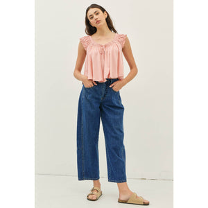 MID RISE BARREL LEG ANKLE DENIM PANTS WITH POCKETS