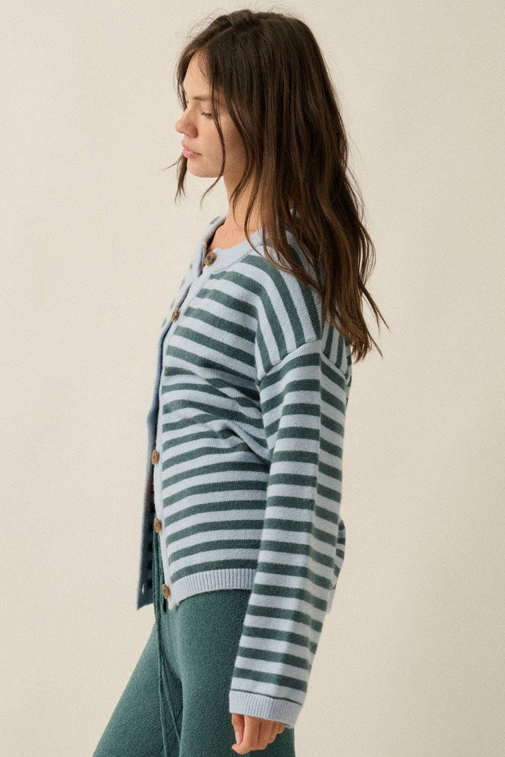 Striped Knit Crewneck Button-Front Relaxed-Fit Cardigan