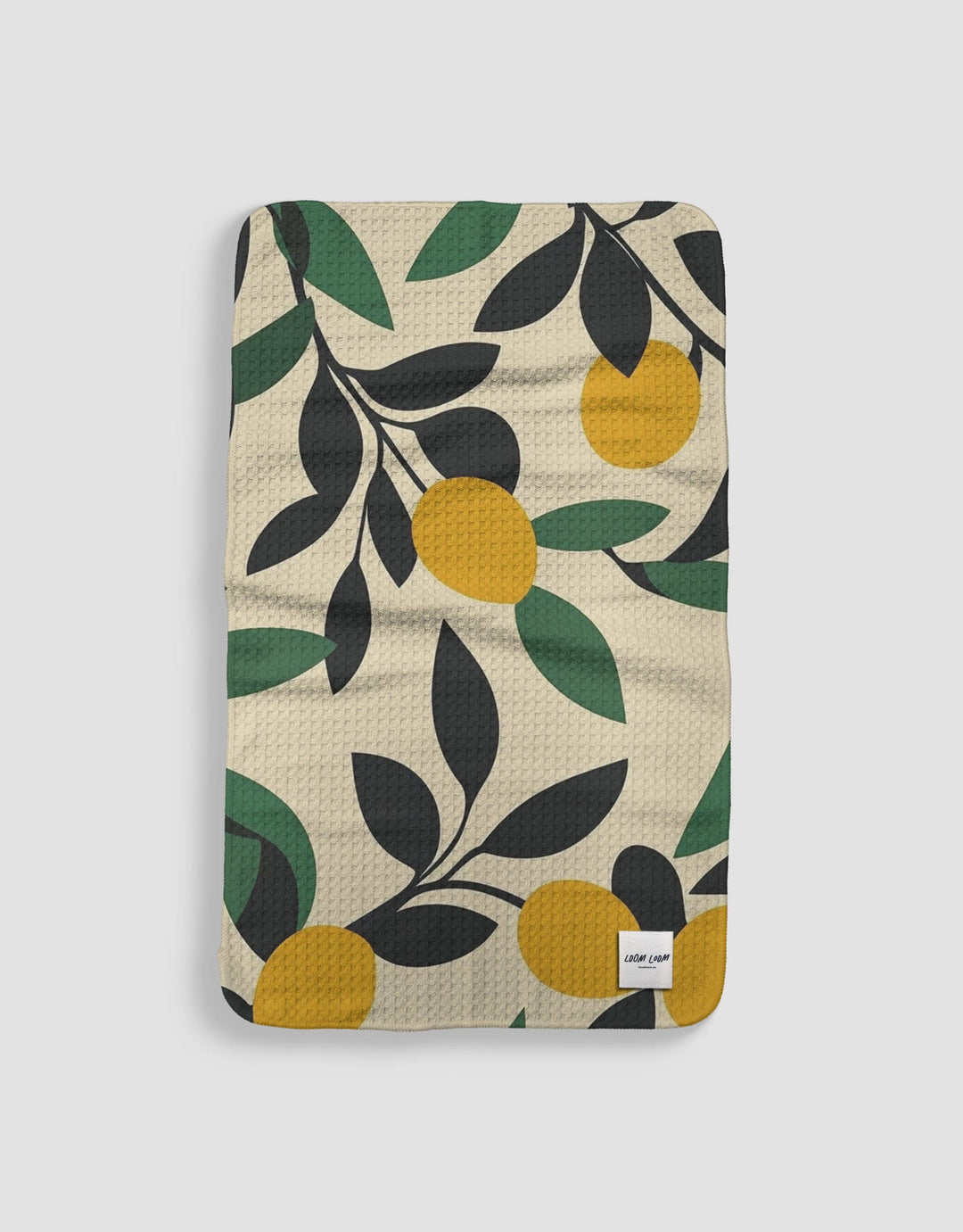 Loom Loom Kitchen Tea Towel - Green Yellow Lemon Tree Silhouette Print Eco Microfiber Waffle Woven Towel