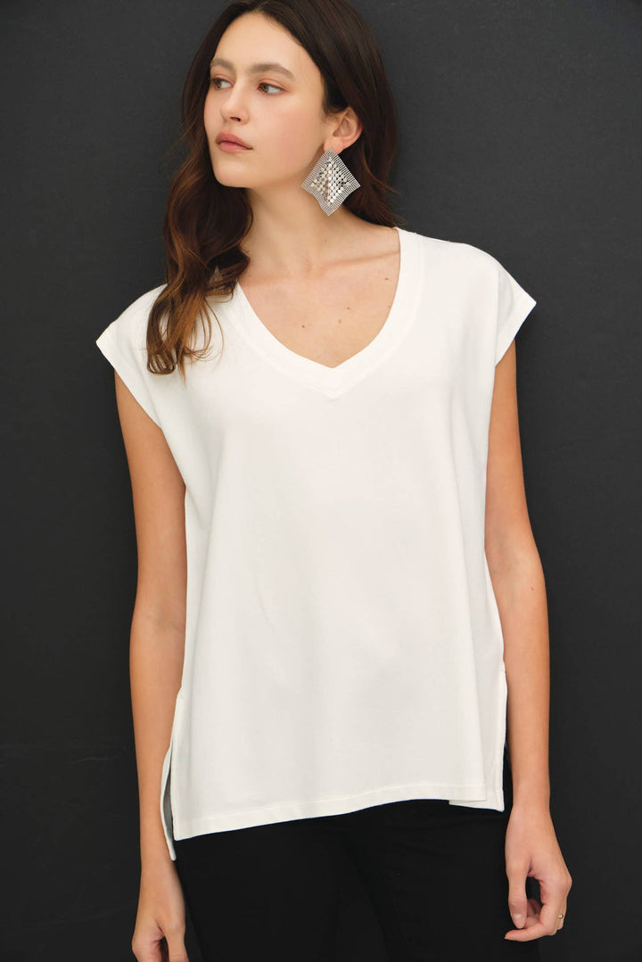 BAMBOO COTTON BLEND V-NECK BUTTERY FRENCH TERRY TOP BC672
