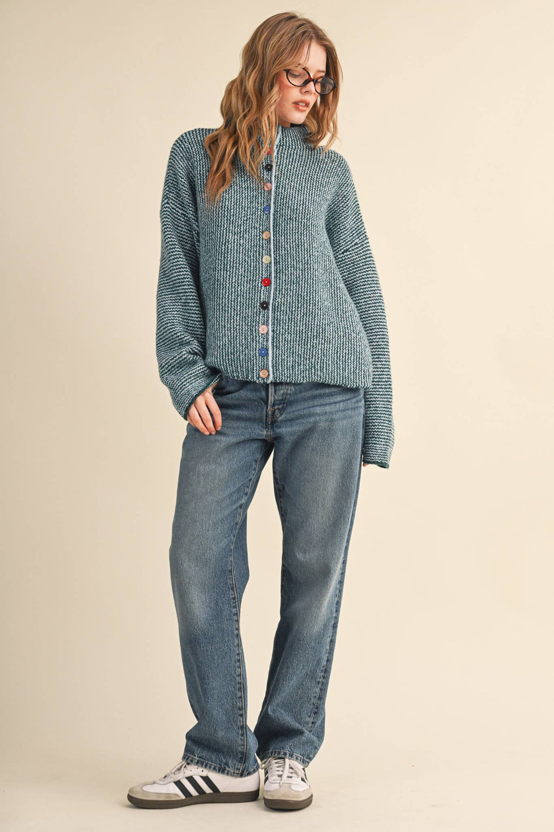 STRIPED SWEATER CARDIGAN WITH COLORFUL BUTTONS MS112