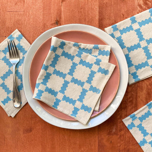 Natural Cotton Cloth Napkins, Sky Blue Party Time Plaid