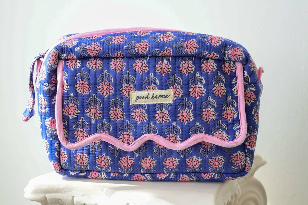 Scalloped Block Print Toiletry Bag Cotton Makeup Travel Case