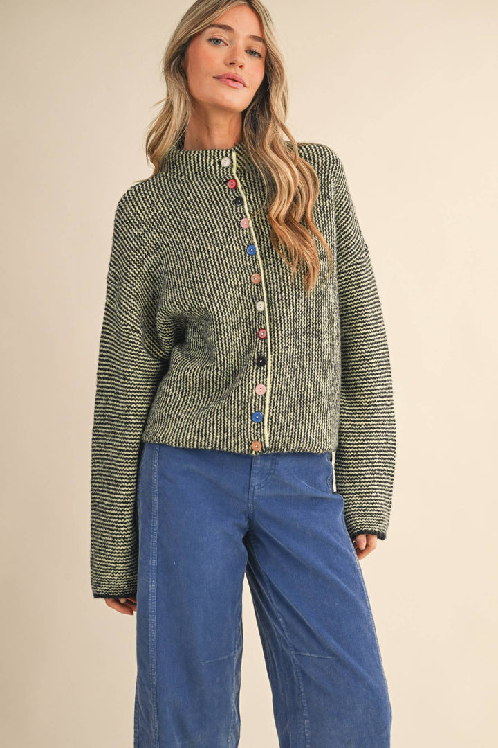 STRIPED SWEATER CARDIGAN WITH COLORFUL BUTTONS MS112