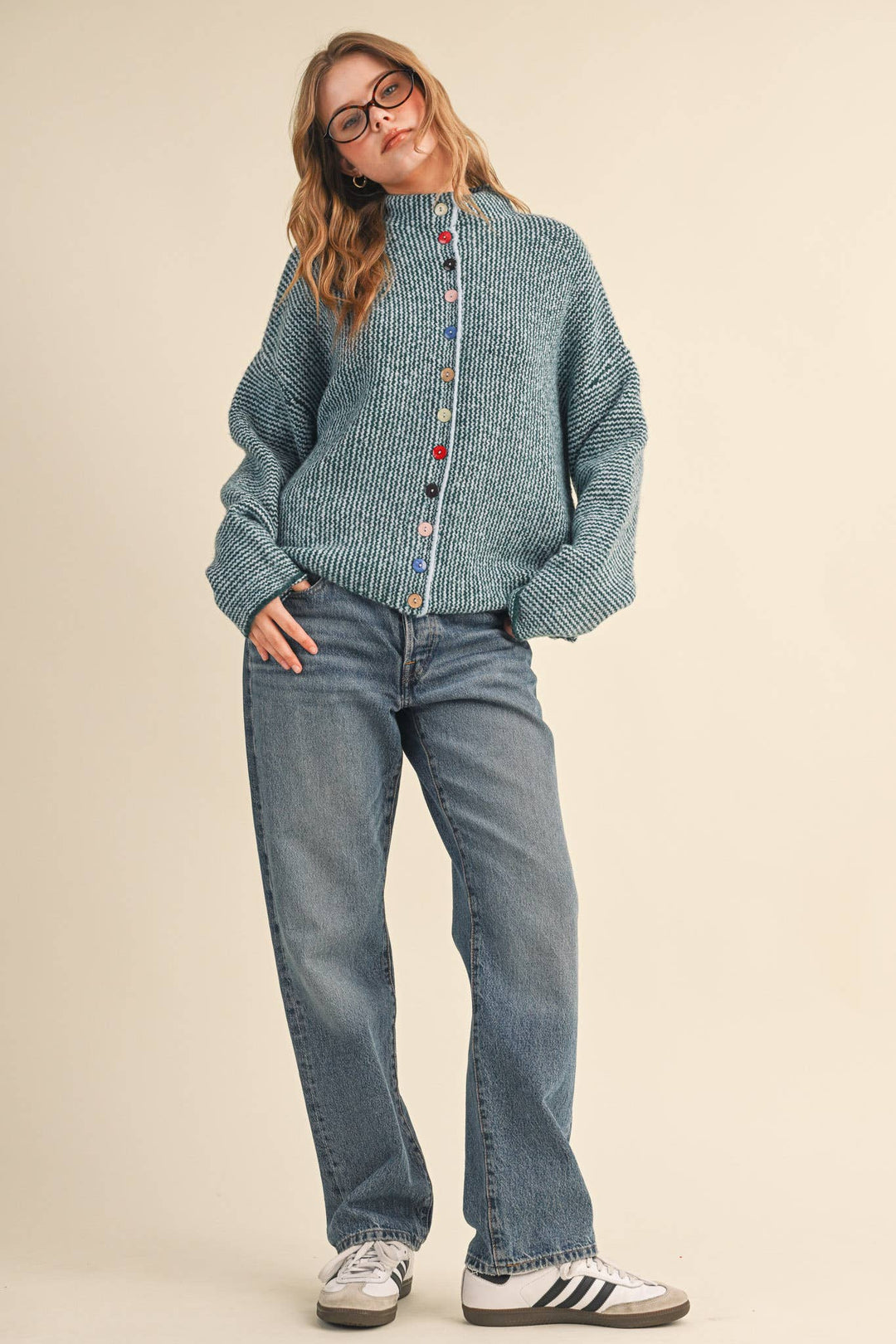 STRIPED SWEATER CARDIGAN WITH COLORFUL BUTTONS MS112