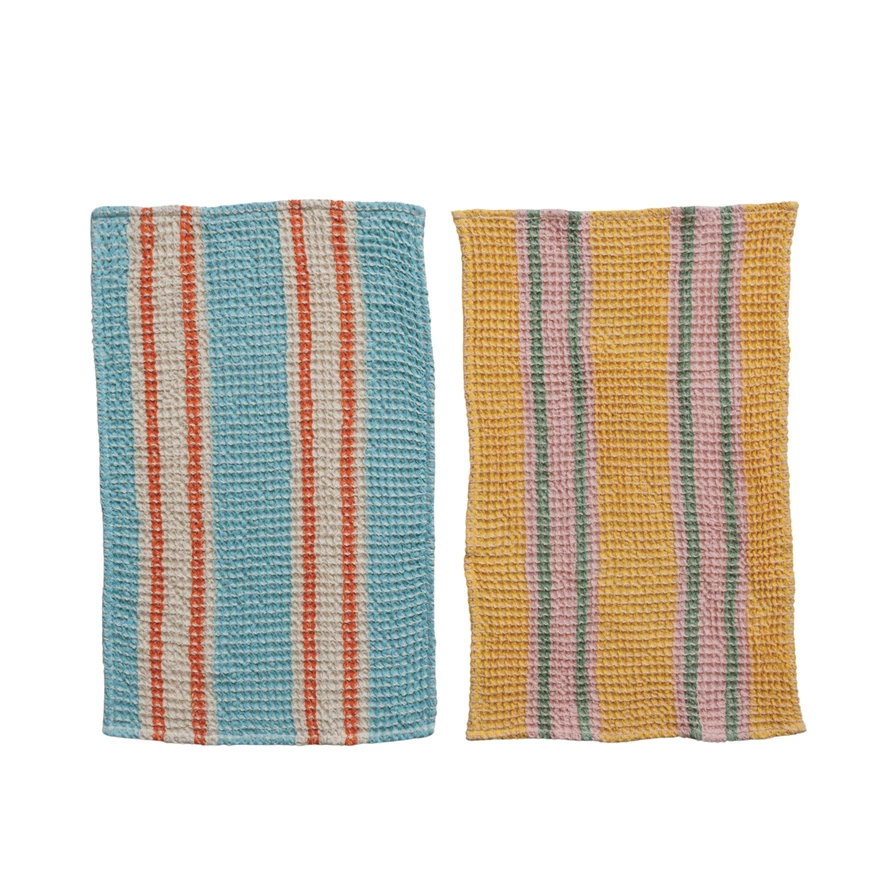 Woven Cotton Waffle Weave Tea Towel w/ Stripes by