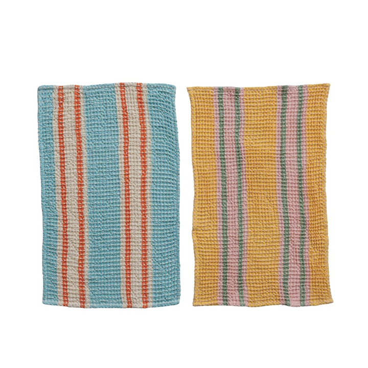 Woven Cotton Waffle Weave Tea Towel w/ Stripes by