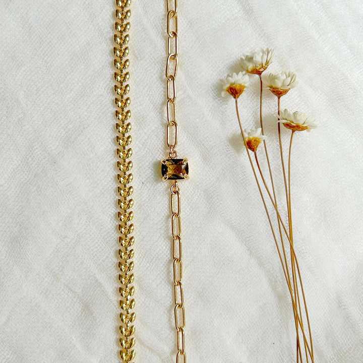 Bronze CZ Link &amp; Dainty Leaf Bracelets KT27