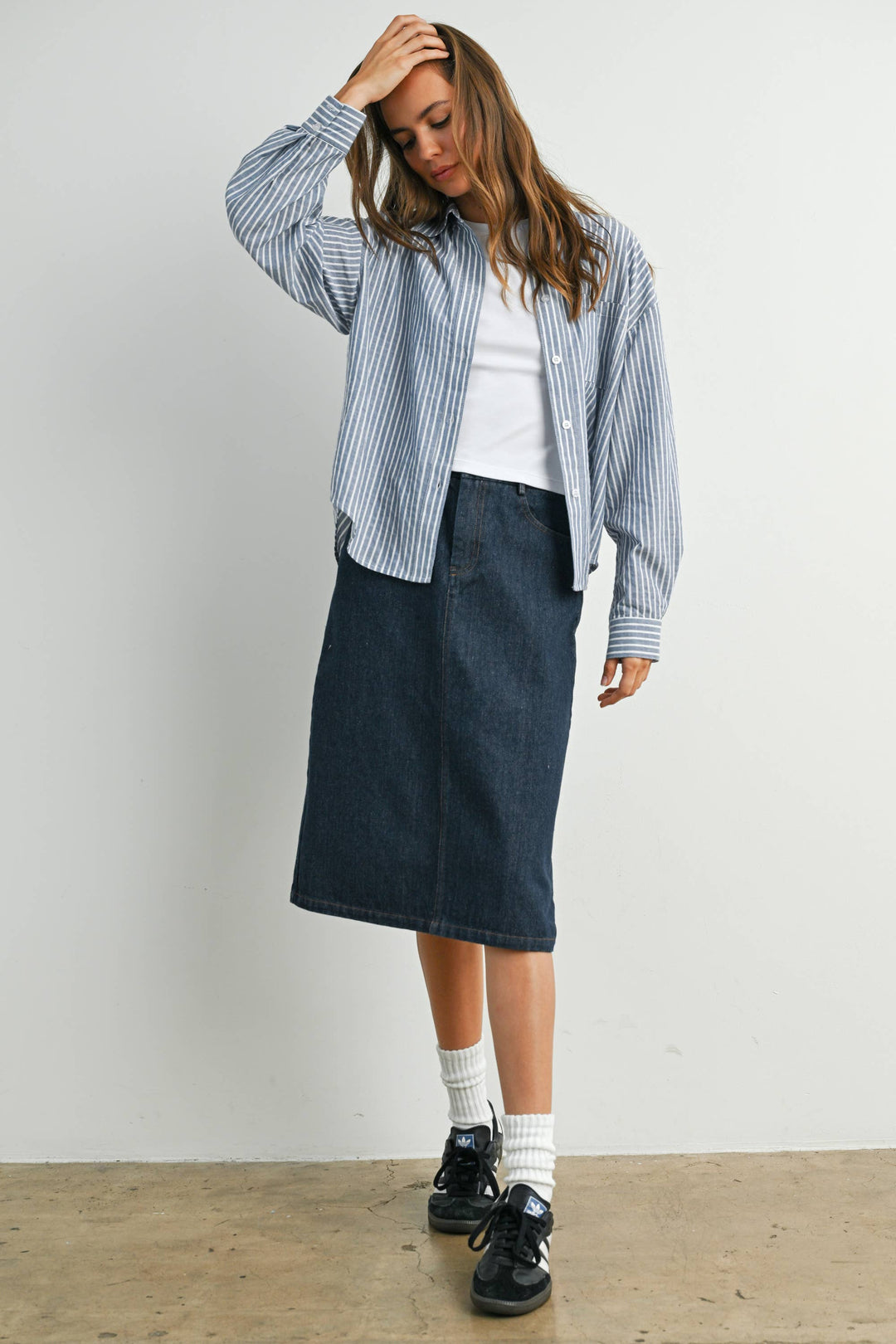 Cropped Striped Button-Up Collared Long Sleeve Top - BMT7915