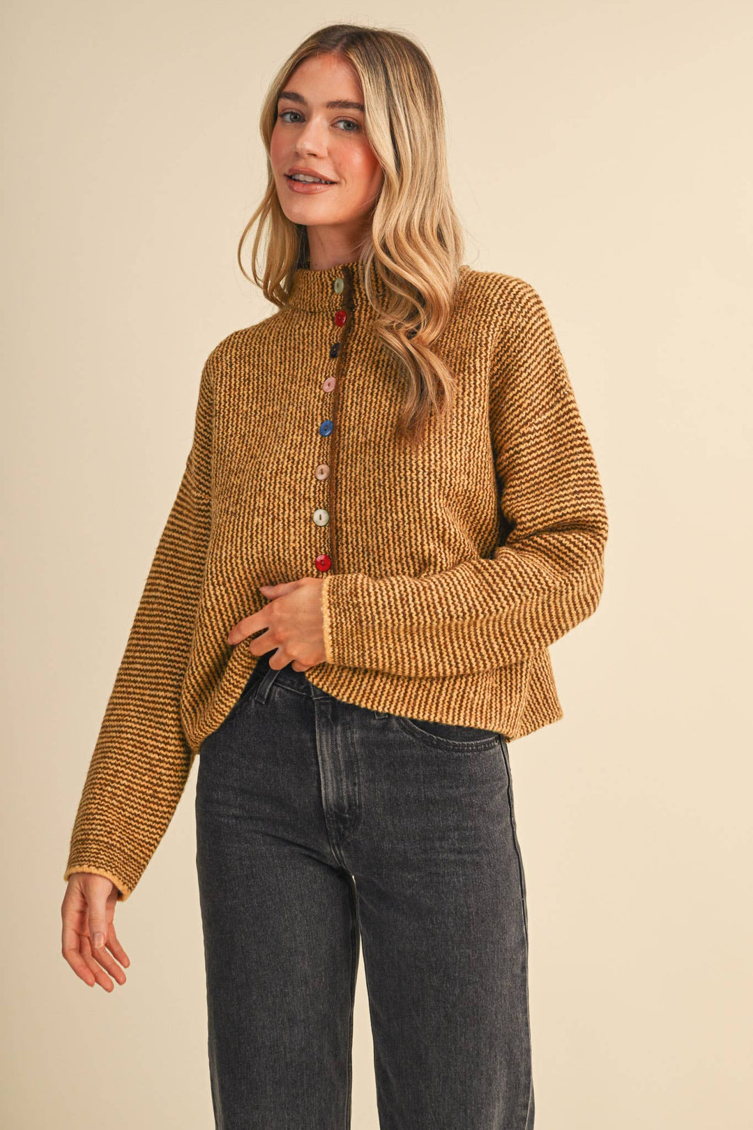 STRIPED SWEATER CARDIGAN WITH COLORFUL BUTTONS MS112