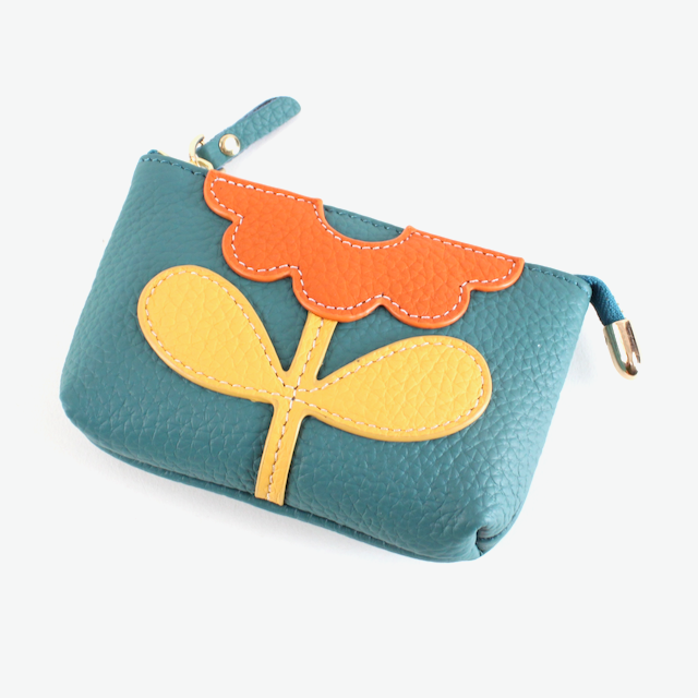 Flower Applique Leather Coin Purse w/Keychain
