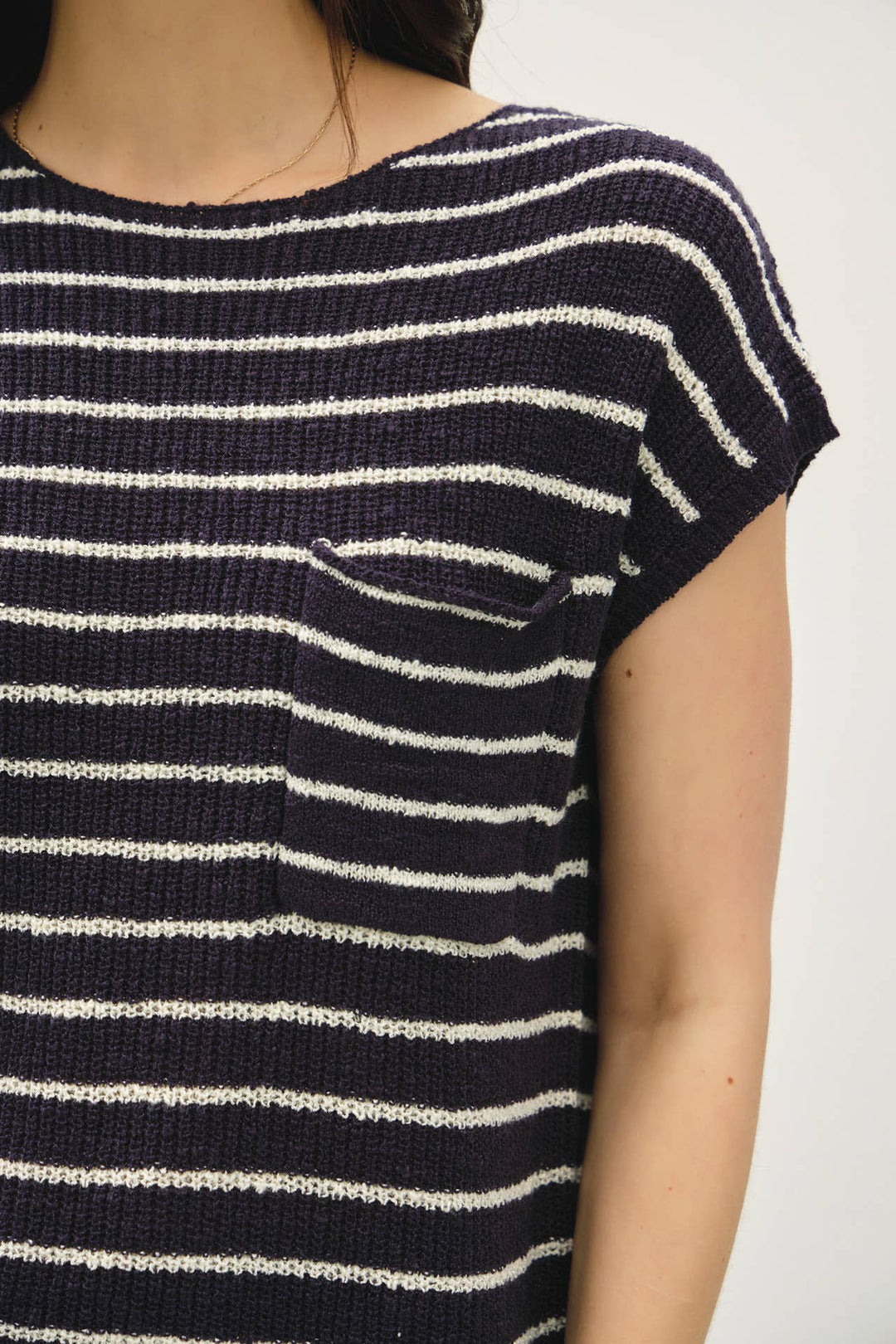 STRIPED CAP SLEEVE SWEATER W FRONT PATCH POCKET BC564