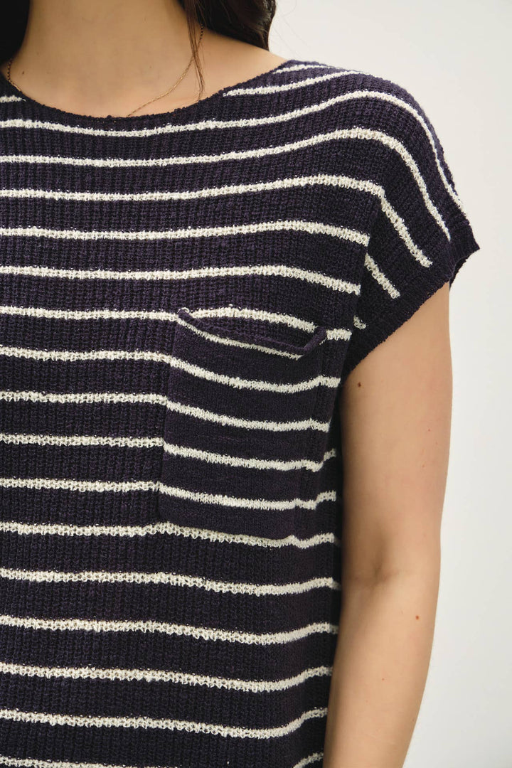 STRIPED CAP SLEEVE SWEATER W FRONT PATCH POCKET BC564