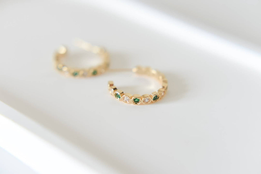 Mayble gold plated hoop studs | emerald green cz BRE37